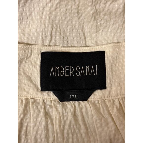 Amber Sakai Top Small Womens Ivory Hammered Silk Long Sleeve Square Neck Blouse - Picture 8 of 9